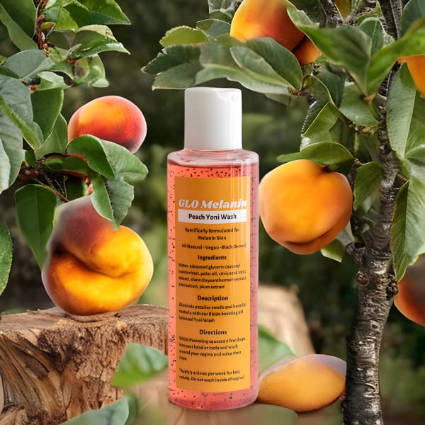 Glo Melanin Peach Yoni Wash shelf placement conveys natural feminine care.