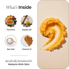 Glo Melanin turmeric scrub applied on arms demonstrates even-tone potential.