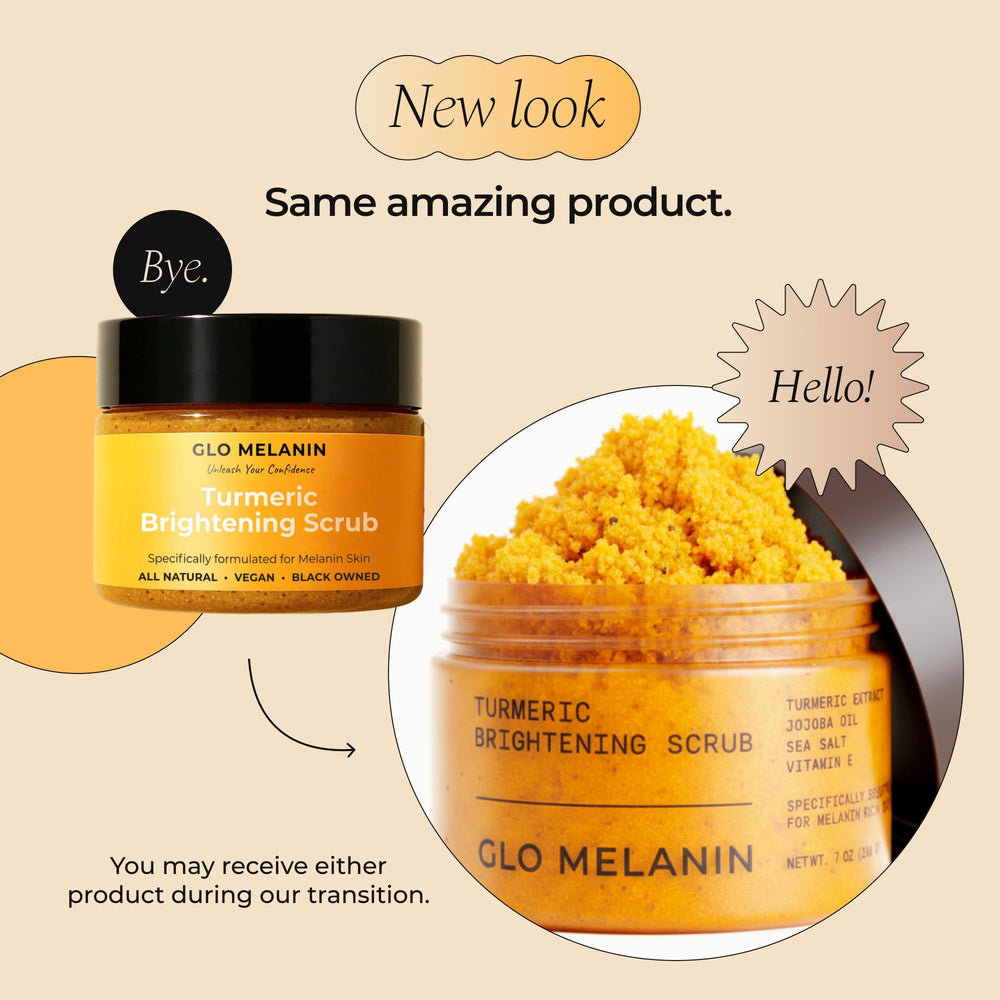 Glo Melanin turmeric scrub ingredient list emphasizes natural oils and turmeric.