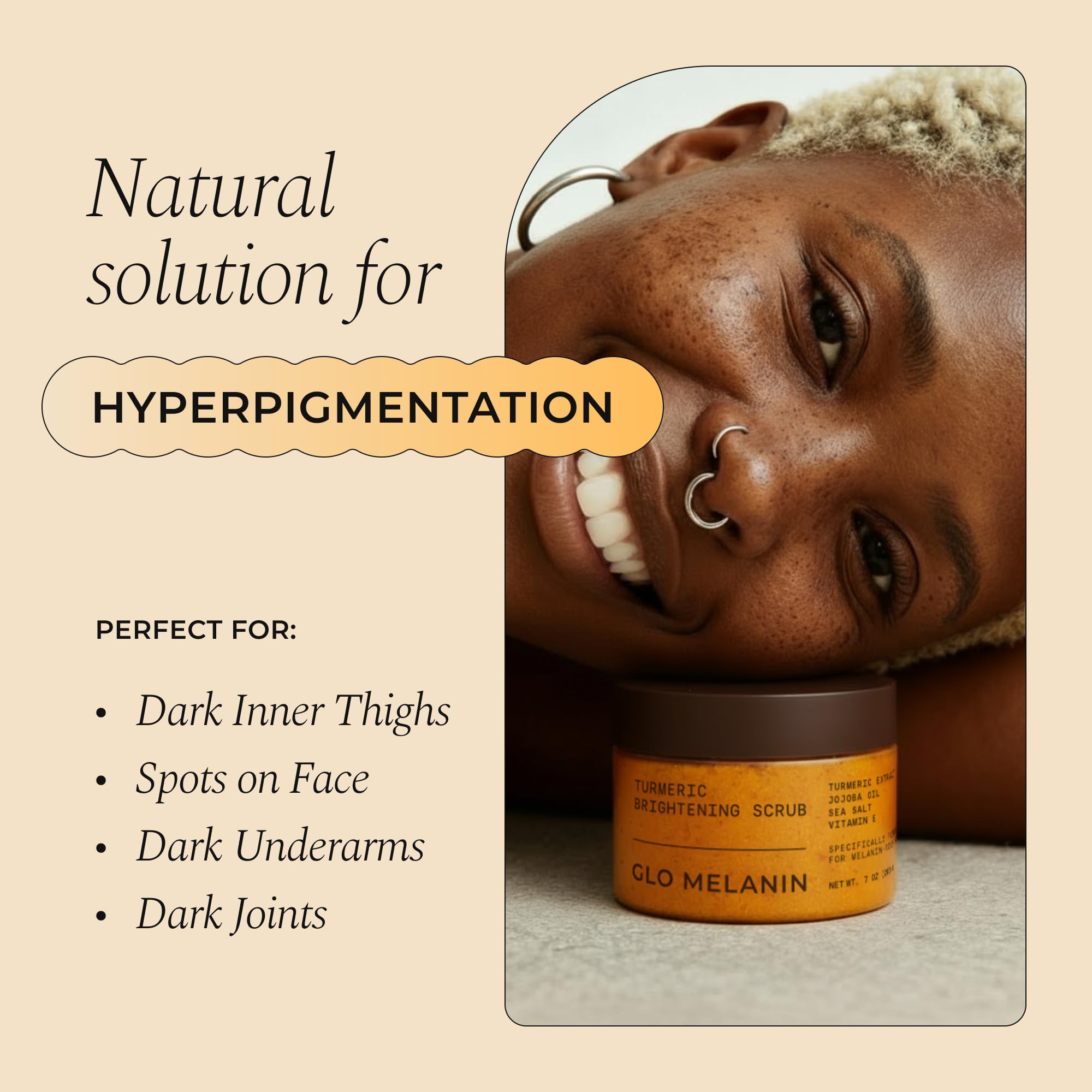 Glo Melanin turmeric scrub jar texture reveals grainy exfoliants for nourishing care.