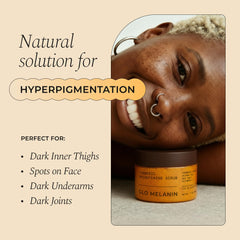 Glo Melanin turmeric scrub jar texture reveals grainy exfoliants for nourishing care.