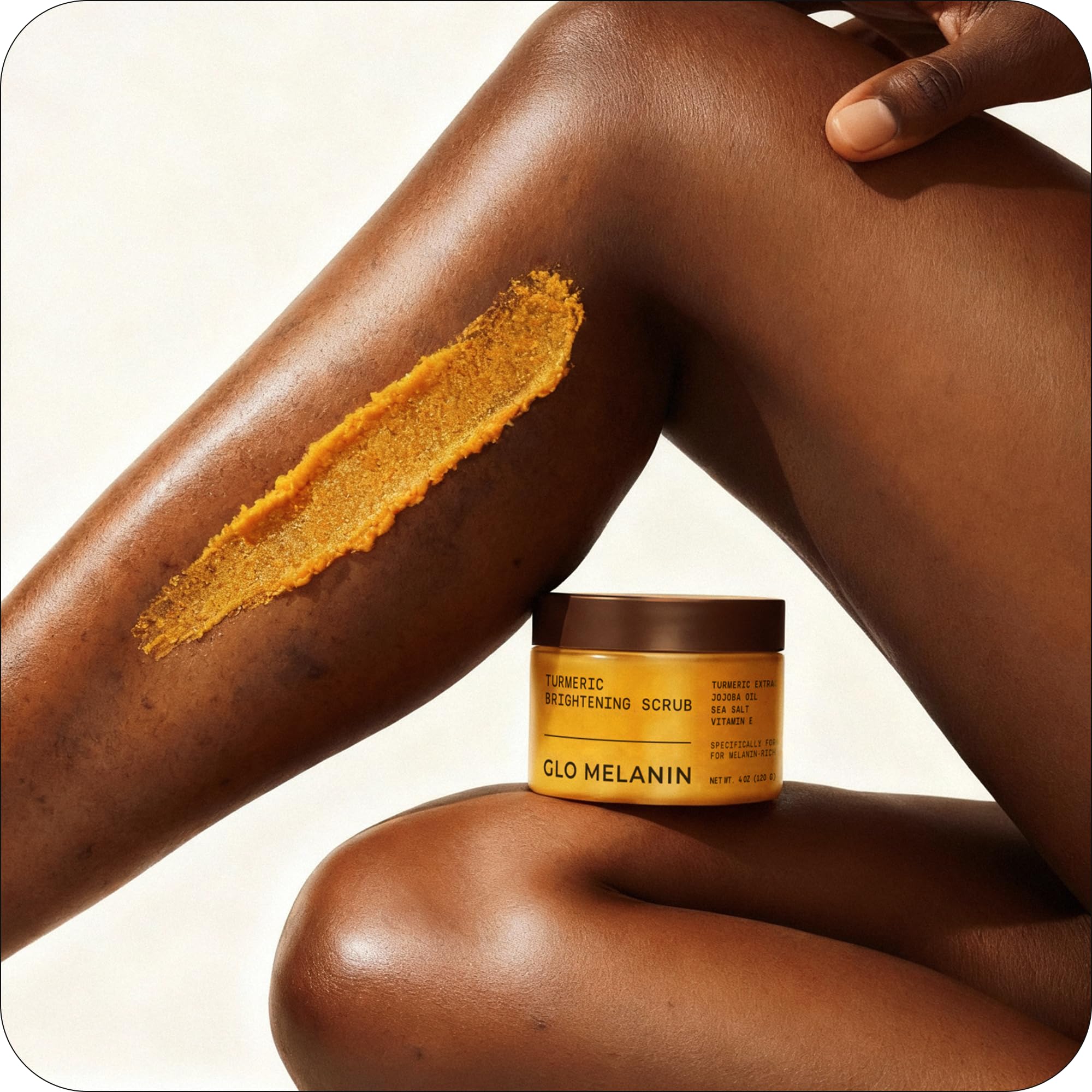 Glo Melanin turmeric scrub underarms for smoothing skin in sensitive areas.