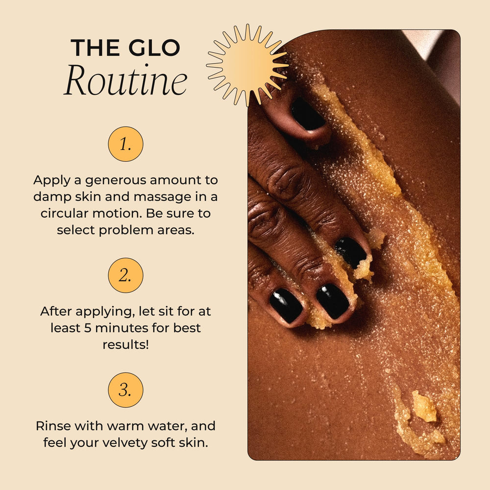 Glo Melanin turmeric scrub vegan formula highlighted for clean beauty.