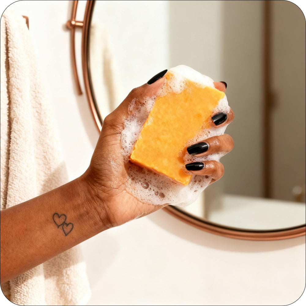 Glo Melanin turmeric soap used on body for even-toned skin.