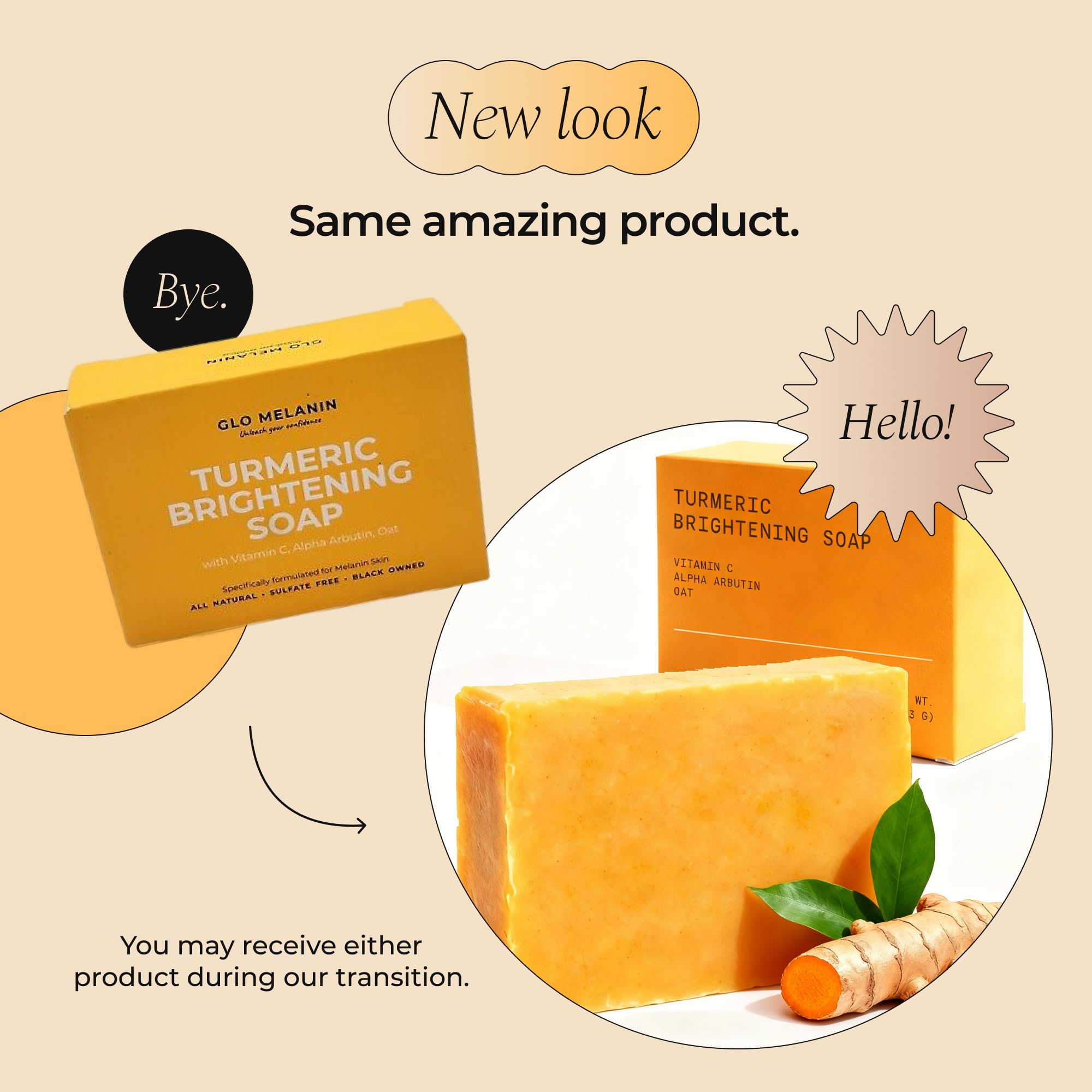 Branding shot of Glo Melanin turmeric soap celebrating Black-owned business.