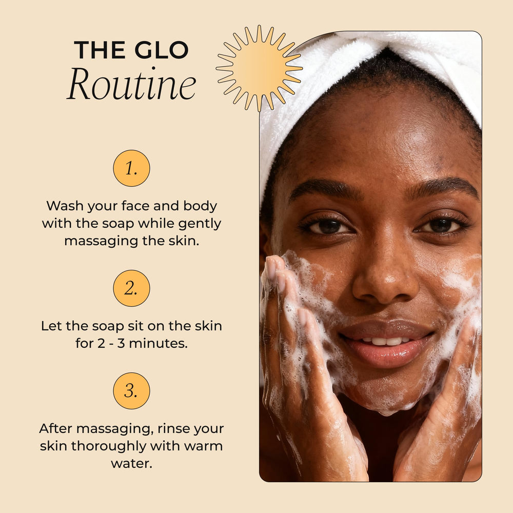Glo Melanin turmeric soap packaging with vegan and natural ingredients label.
