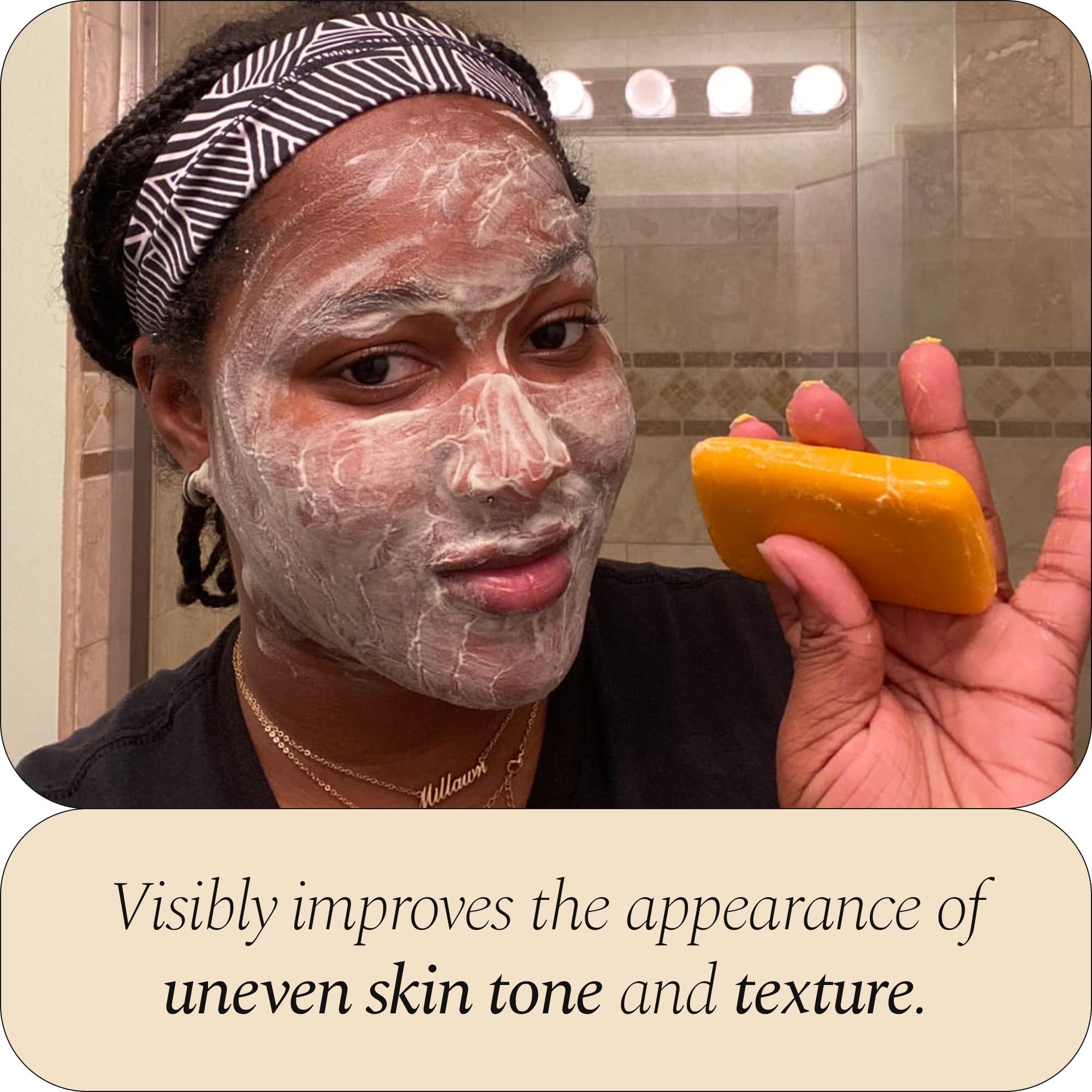 Vegan, paraben-free Glo Melanin turmeric soap label emphasizes clean ingredients.
