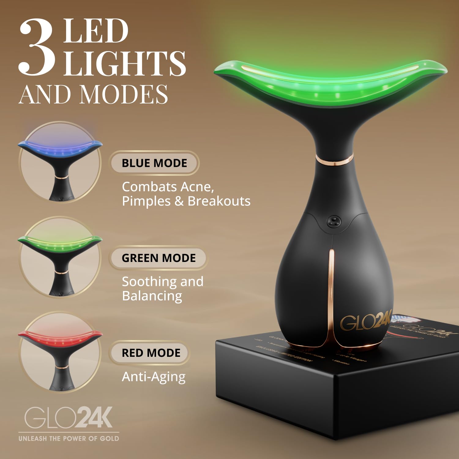 GLO24K LED vibration massage enhances skincare routine