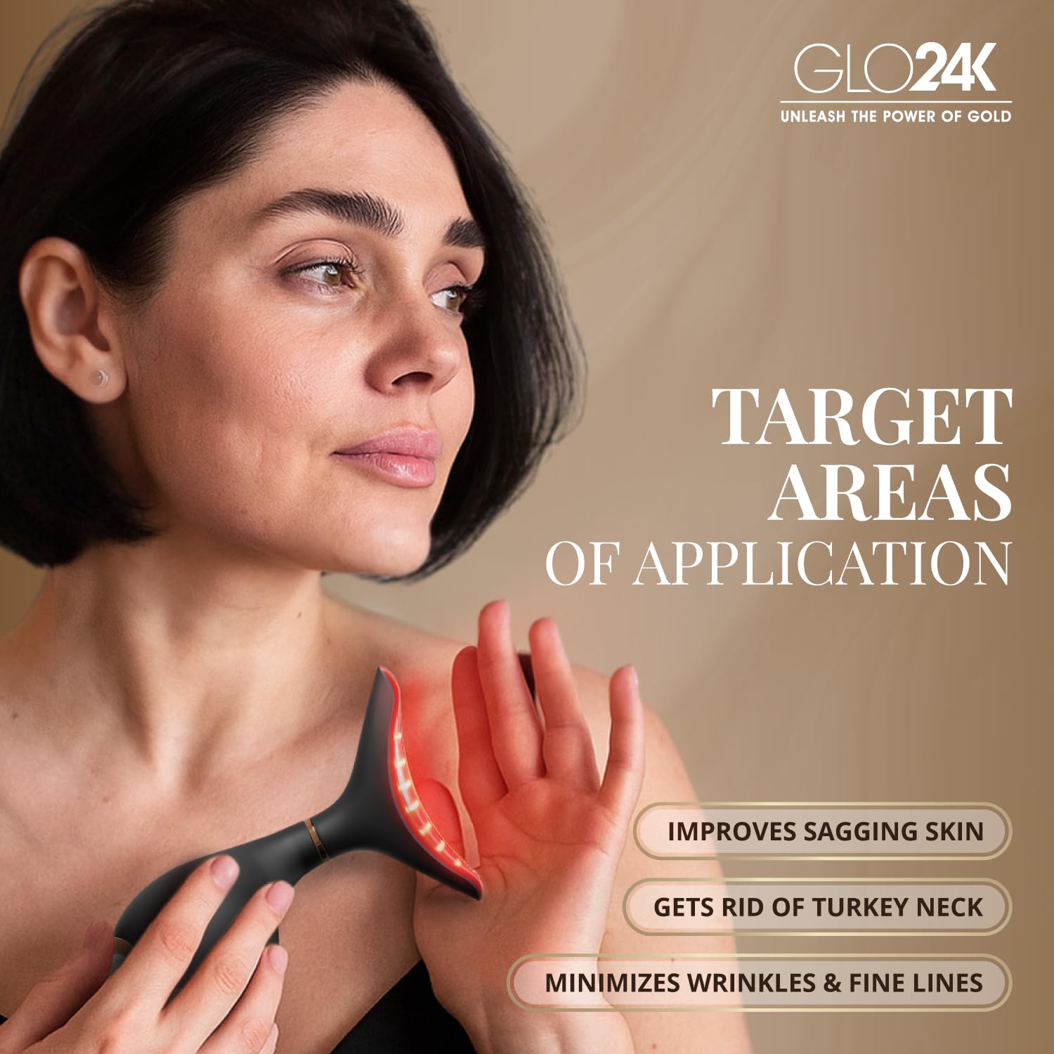 GLO24K three-in-one massager for targeted facial and neck care