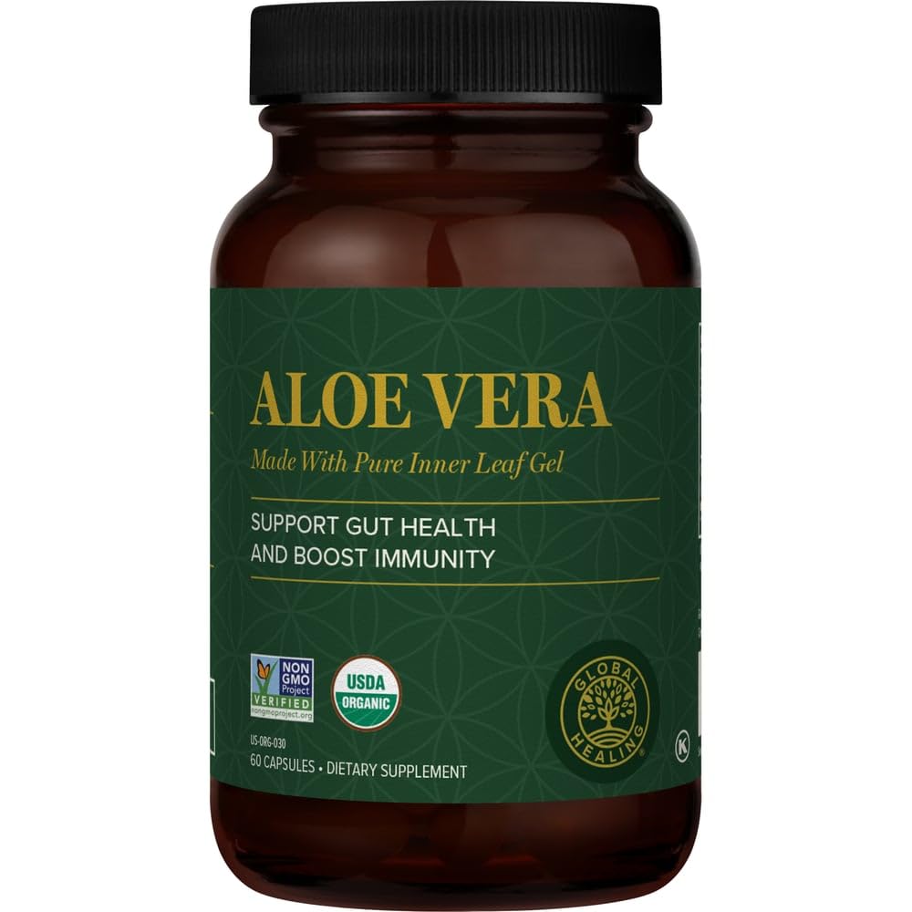 Global Healing Center Aloe Vera bottle front highlighting gut health support.