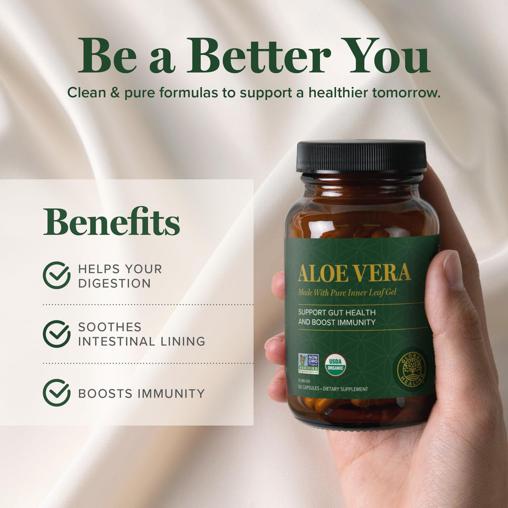 Global Healing Center Aloe Vera label detail notes organic certification.