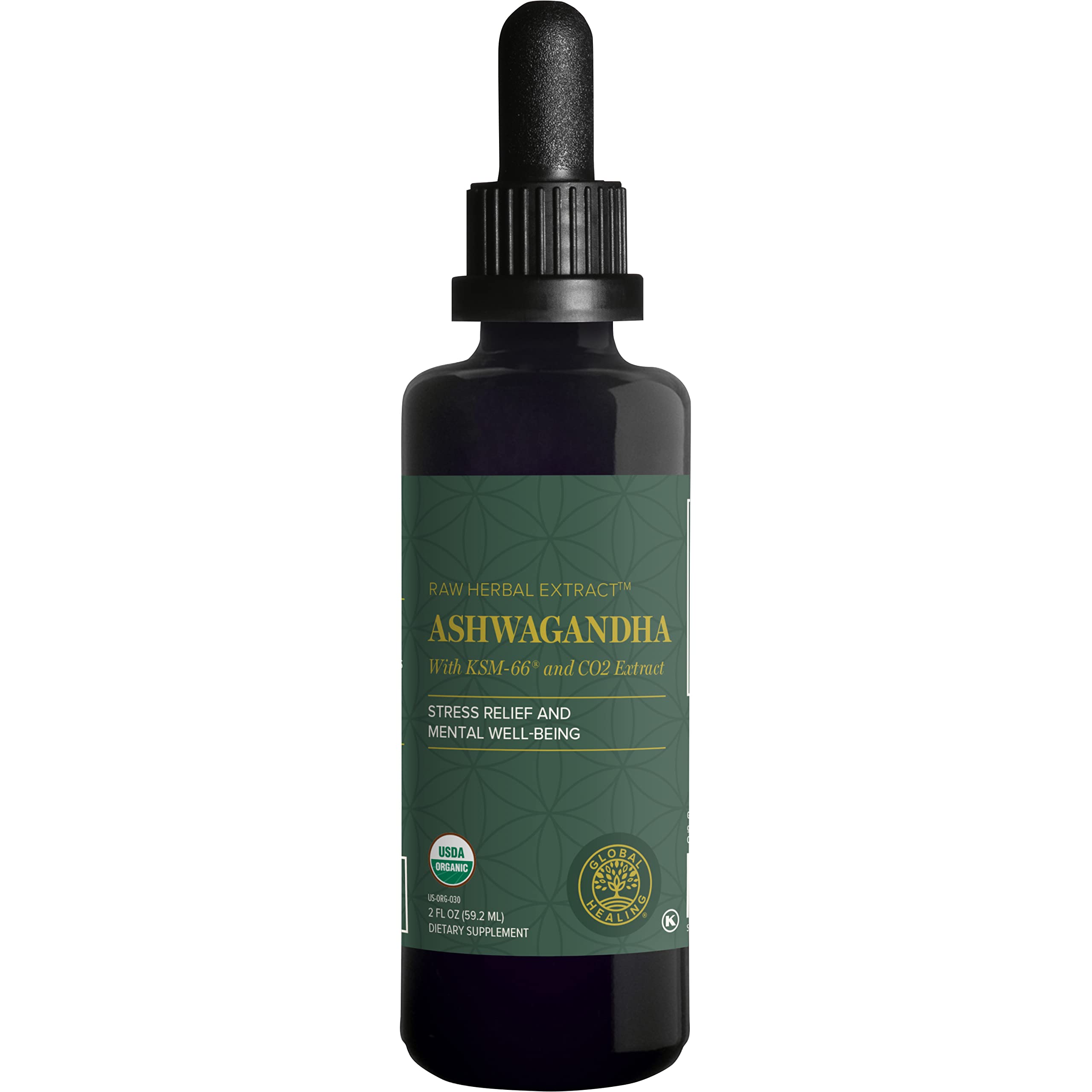 Global Healing Center Ashwagandha Drops bottle with KSM-66 extract for stress support.