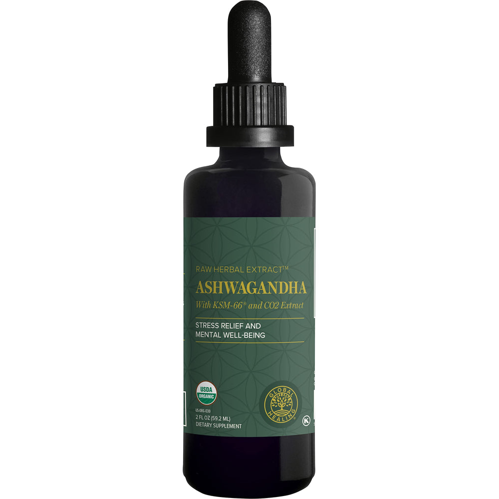 Global Healing Center Ashwagandha Drops bottle with KSM-66 extract for stress support.