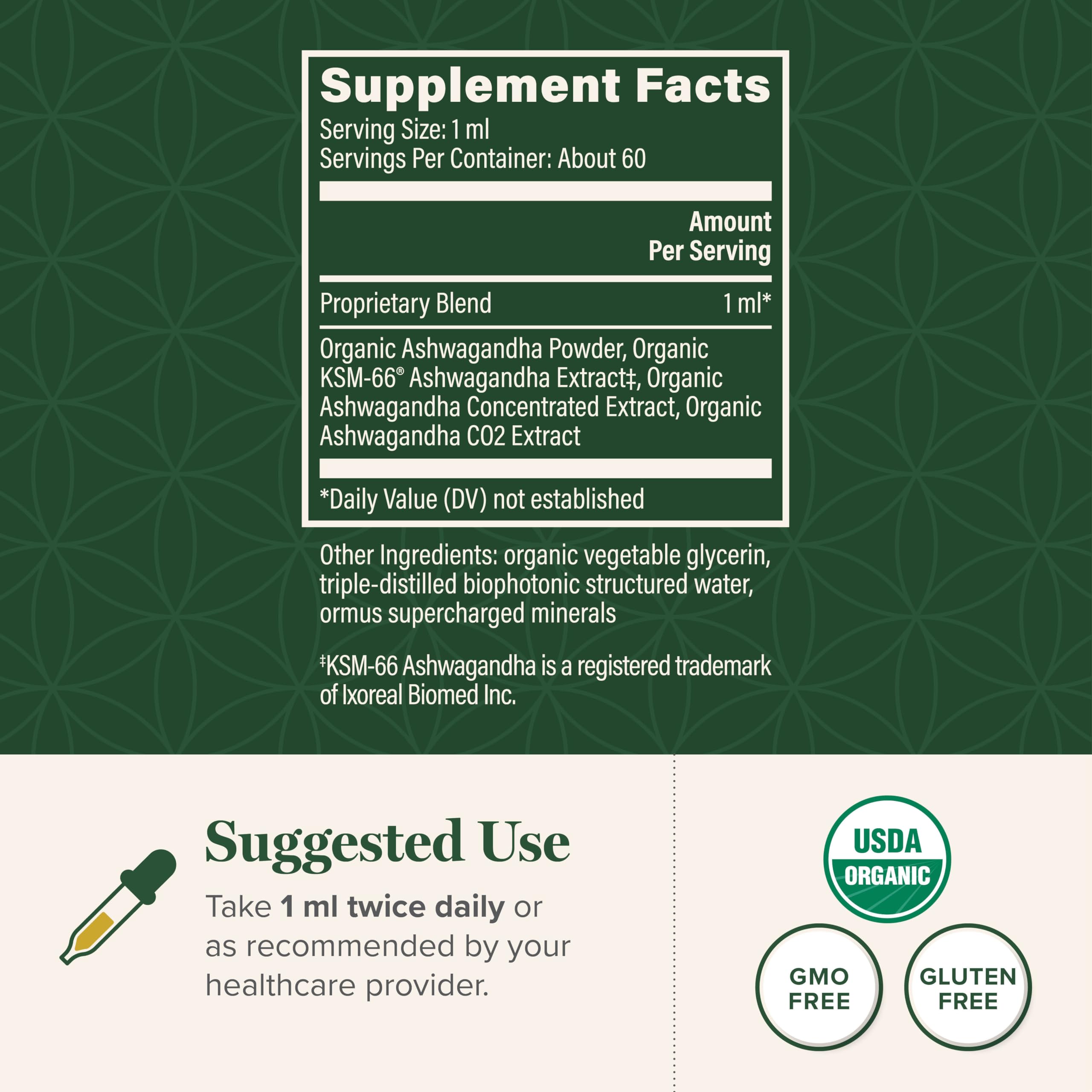Global Healing Center Ashwagandha Drops label highlights organic, vegan, non-GMO ingredients.