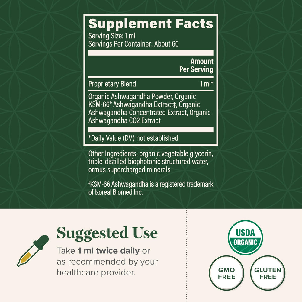 Global Healing Center Ashwagandha Drops label highlights organic, vegan, non-GMO ingredients.