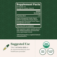 Global Healing Center Ashwagandha Drops label highlights organic, vegan, non-GMO ingredients.