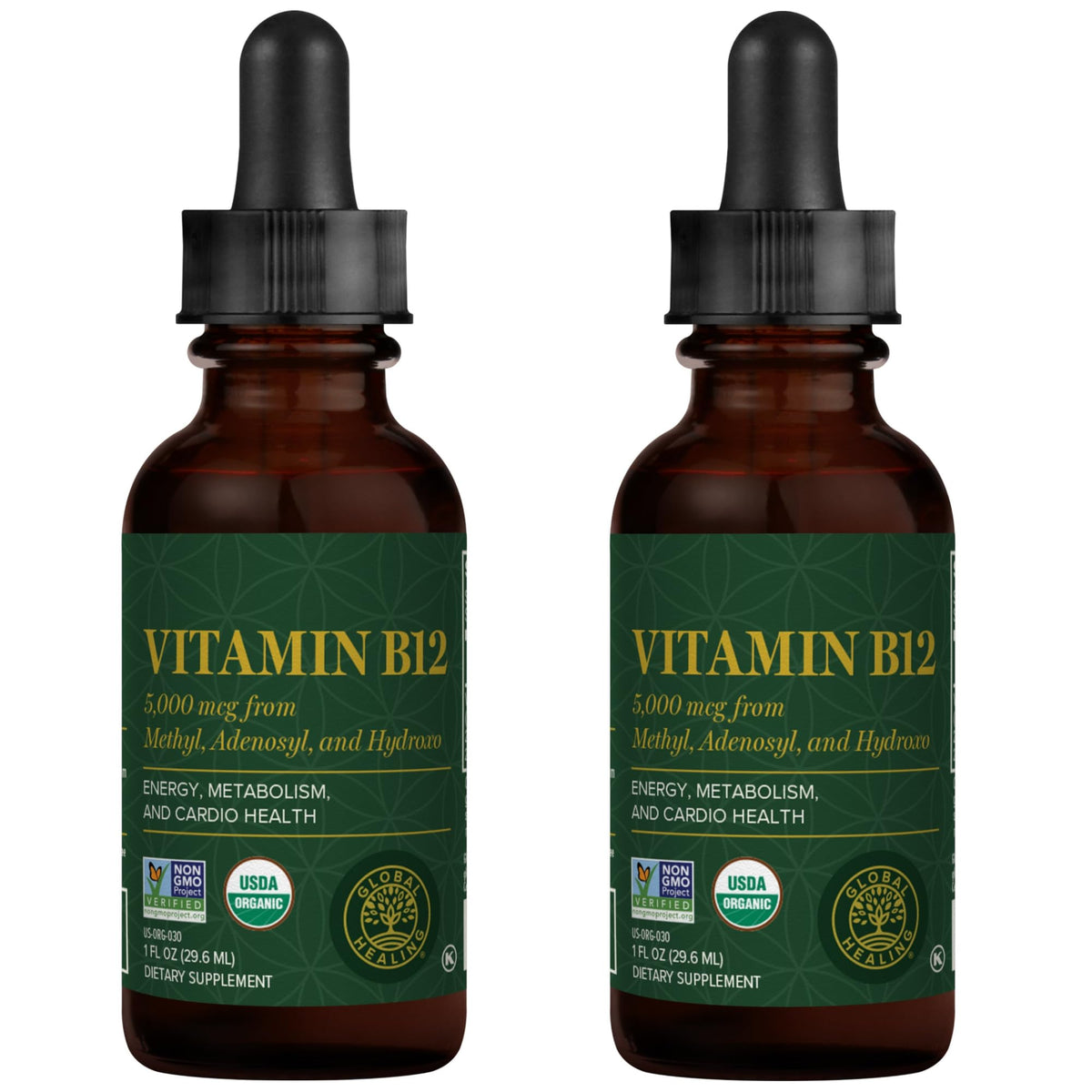 Global Healing Center B12 5000mcg bottle highlights high-potency formula for daily energy support.
