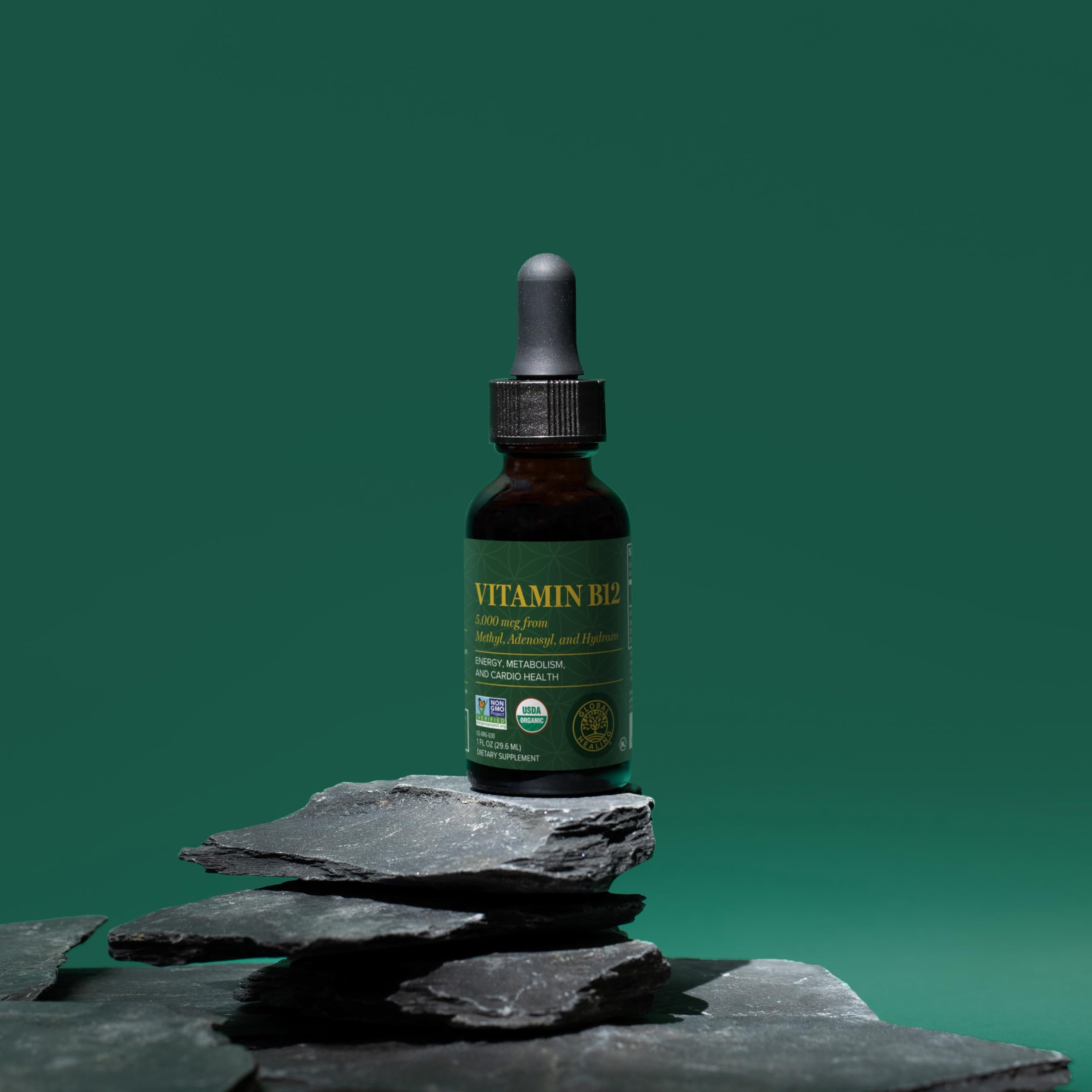 Global Healing Center B12 sublingual drops application under tongue for rapid absorption.
