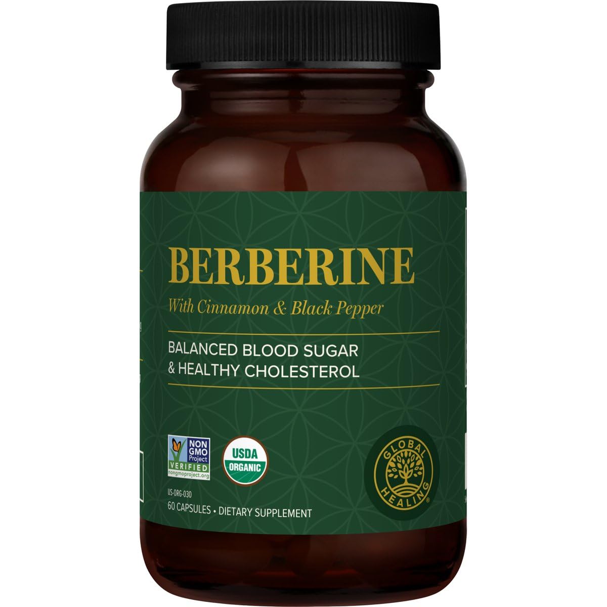 Global Healing Center berberine bottle with cinnamon and black pepper for enhanced absorption
