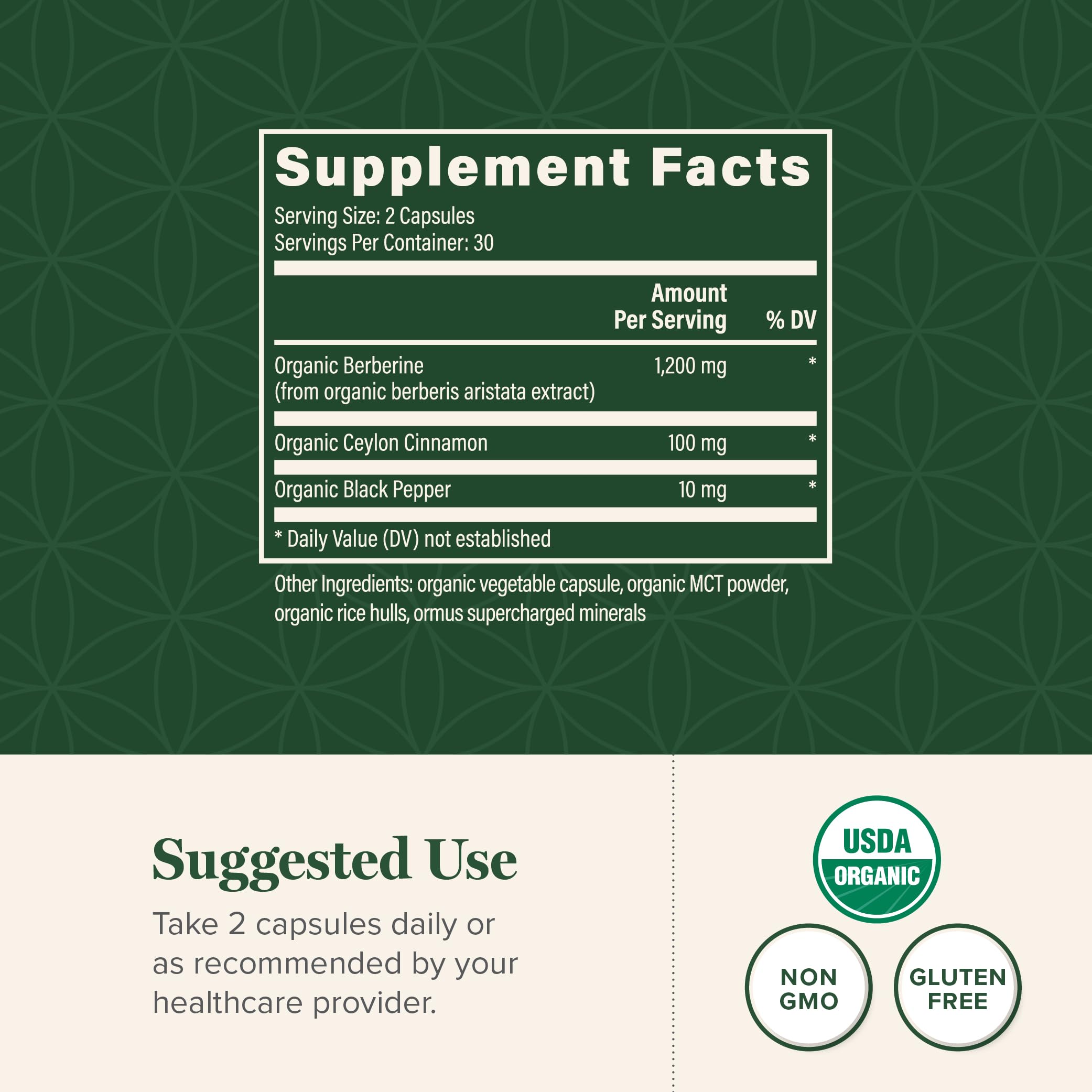 Global Healing Center berberine glass bottle seal indicating third party testing