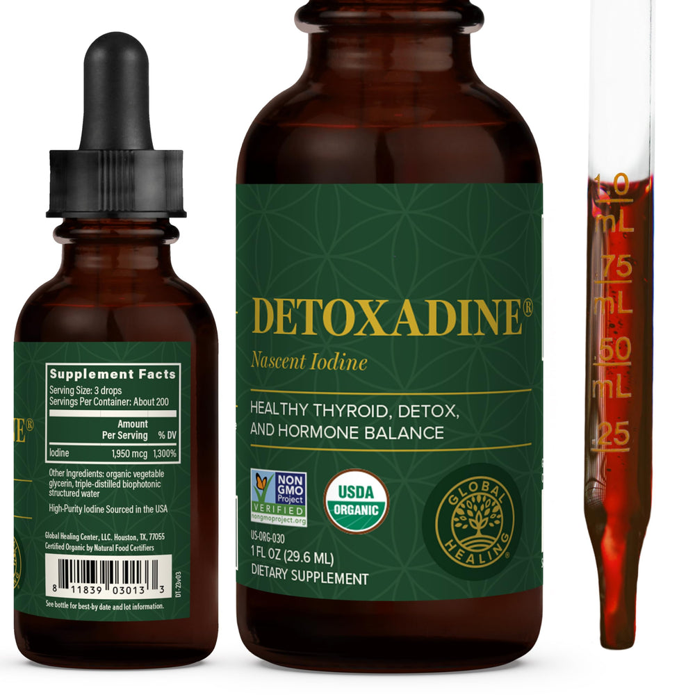 Global Healing Center Detoxadine bottle shown for thyroid support and daily iodine supplementation.