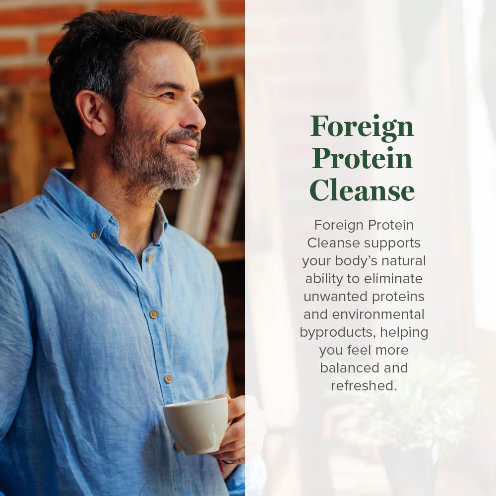 Global Healing Center Foreign Protein Cleanse label closeup highlighting the herbal blend for immune and respiratory support.
