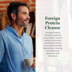 Global Healing Center Foreign Protein Cleanse label closeup highlighting the herbal blend for immune and respiratory support.