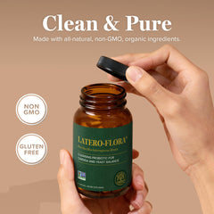 Bottle of Latero-Flora being poured for convenient daily use