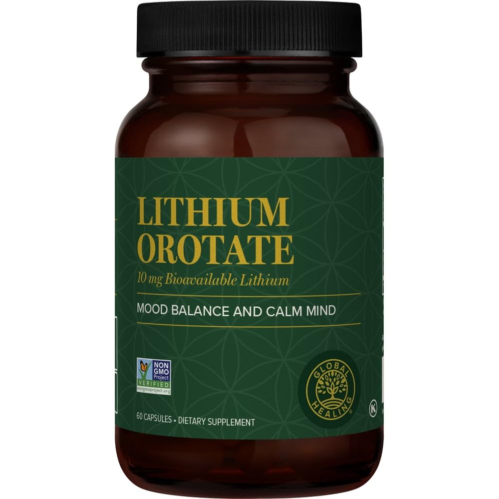 Global Healing Center Lithium Orotate 10mg bottle hints at daily mood balance and calm focus