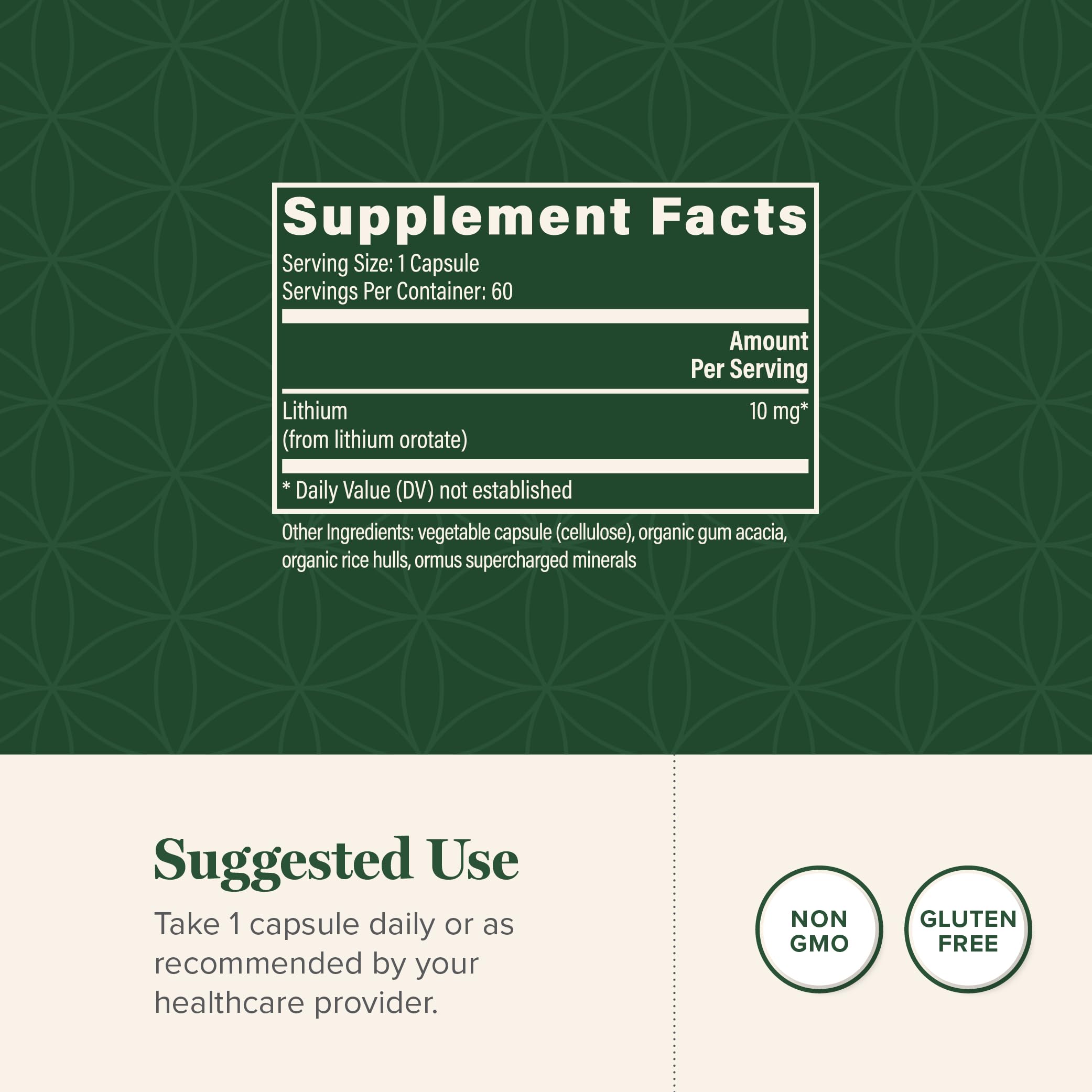 Global Healing Center Lithium Orotate 10mg label shows ingredients and dosage details