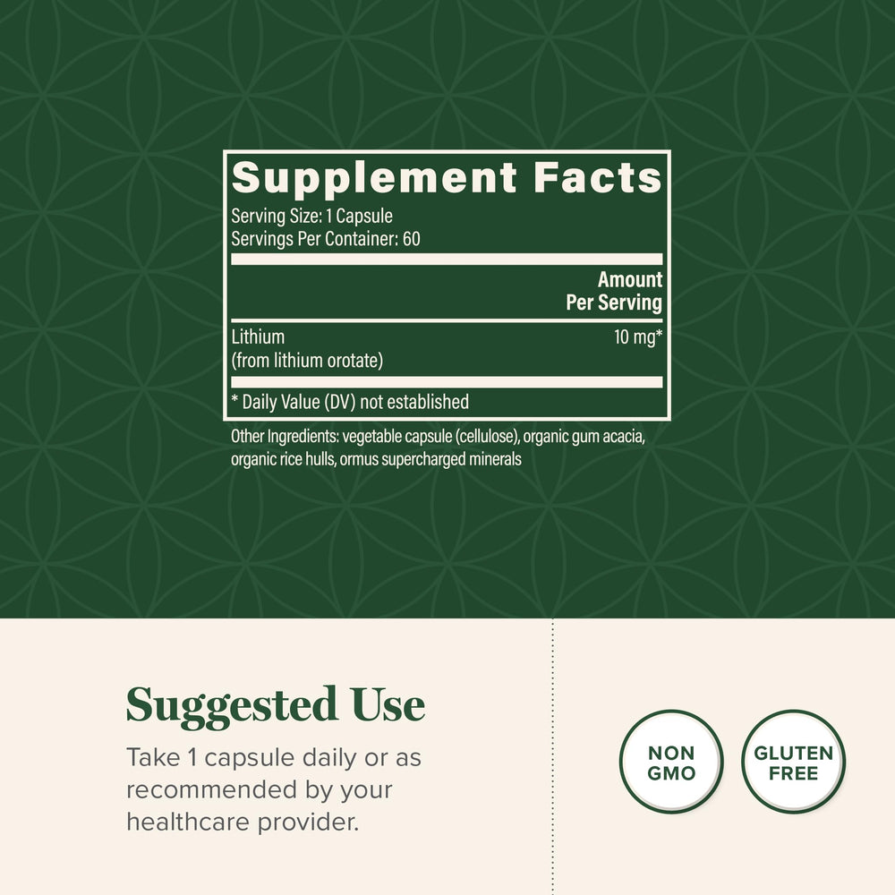 Global Healing Center Lithium Orotate 10mg label shows ingredients and dosage details