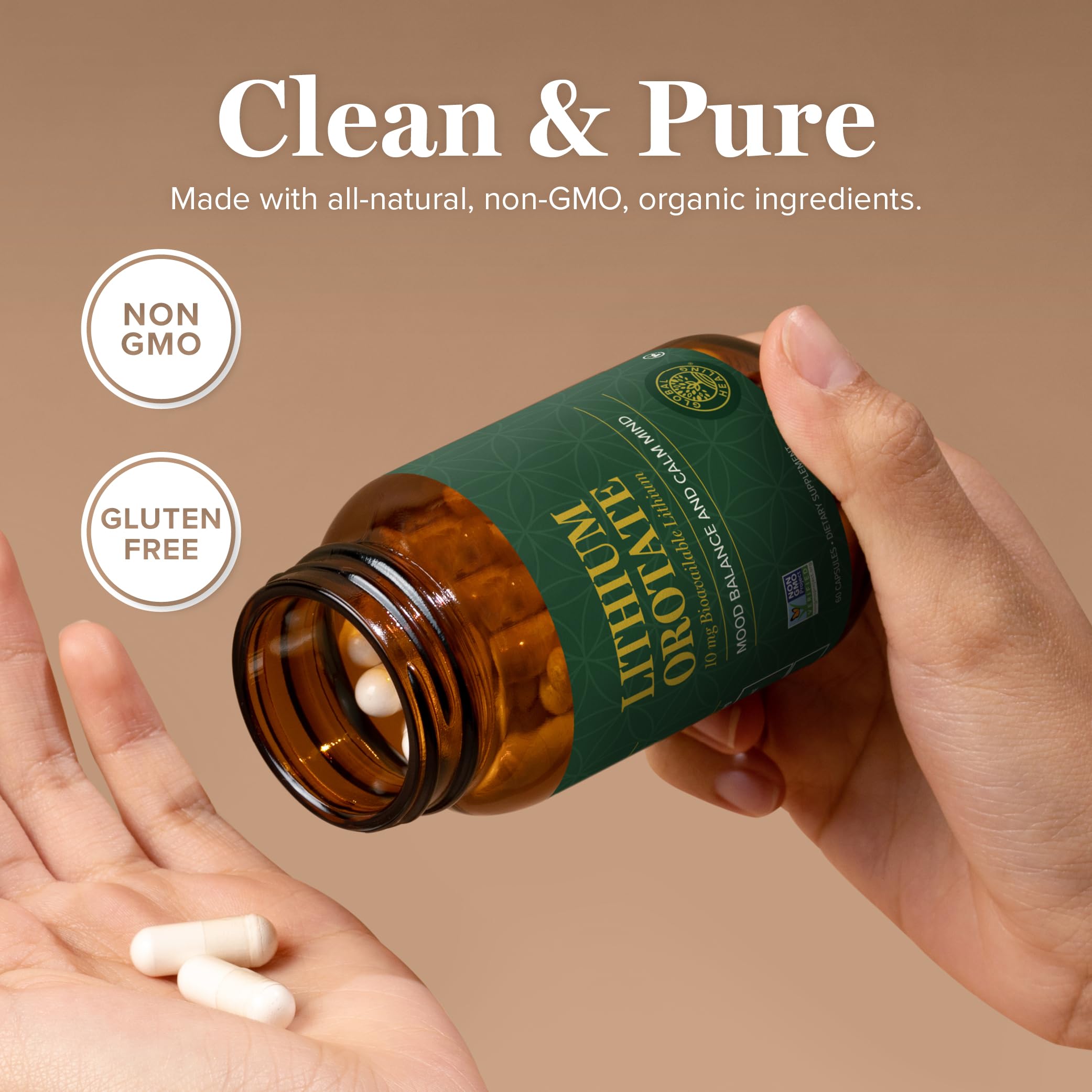 Global Healing Center Lithium Orotate 10mg packaging highlights vegan and gluten free features