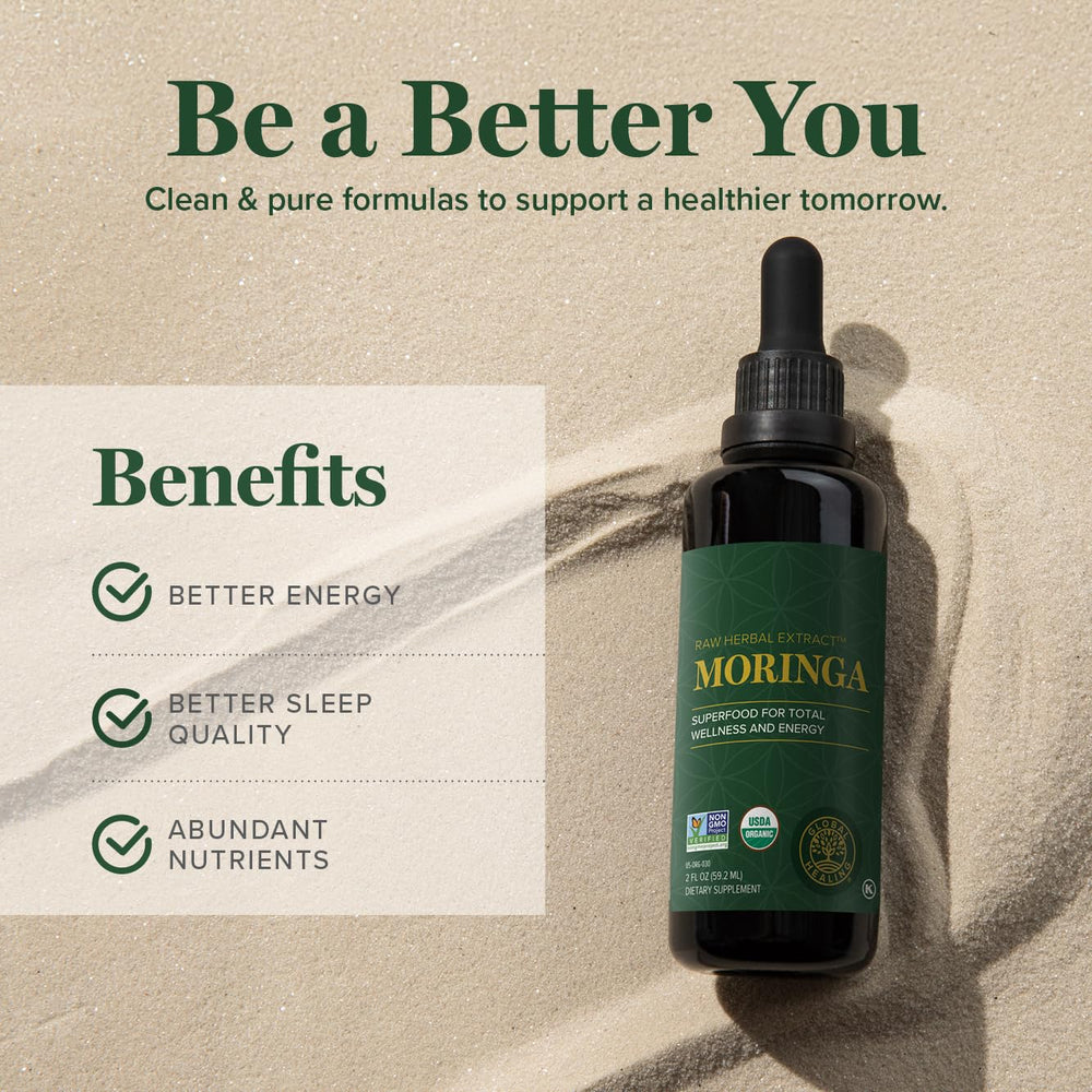 Global Healing Center moringa liquid drops being poured for quick absorption.