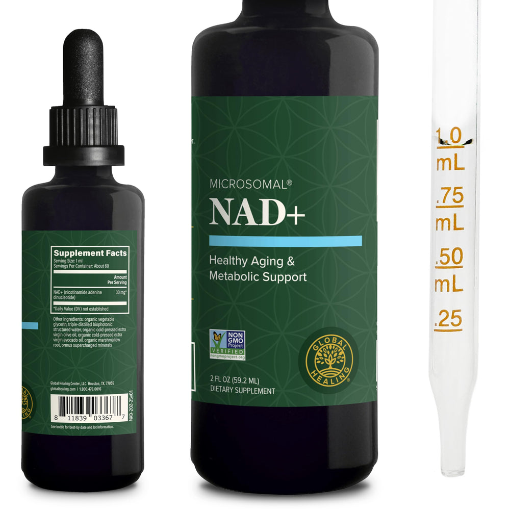 Global Healing NAD+ drops bottle highlights convenient sublingual use for daily energy support.