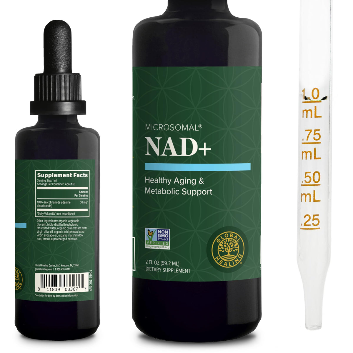 Global Healing NAD+ drops bottle highlights convenient sublingual use for daily energy support.