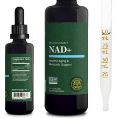 Global Healing NAD+ drops bottle highlights convenient sublingual use for daily energy support.