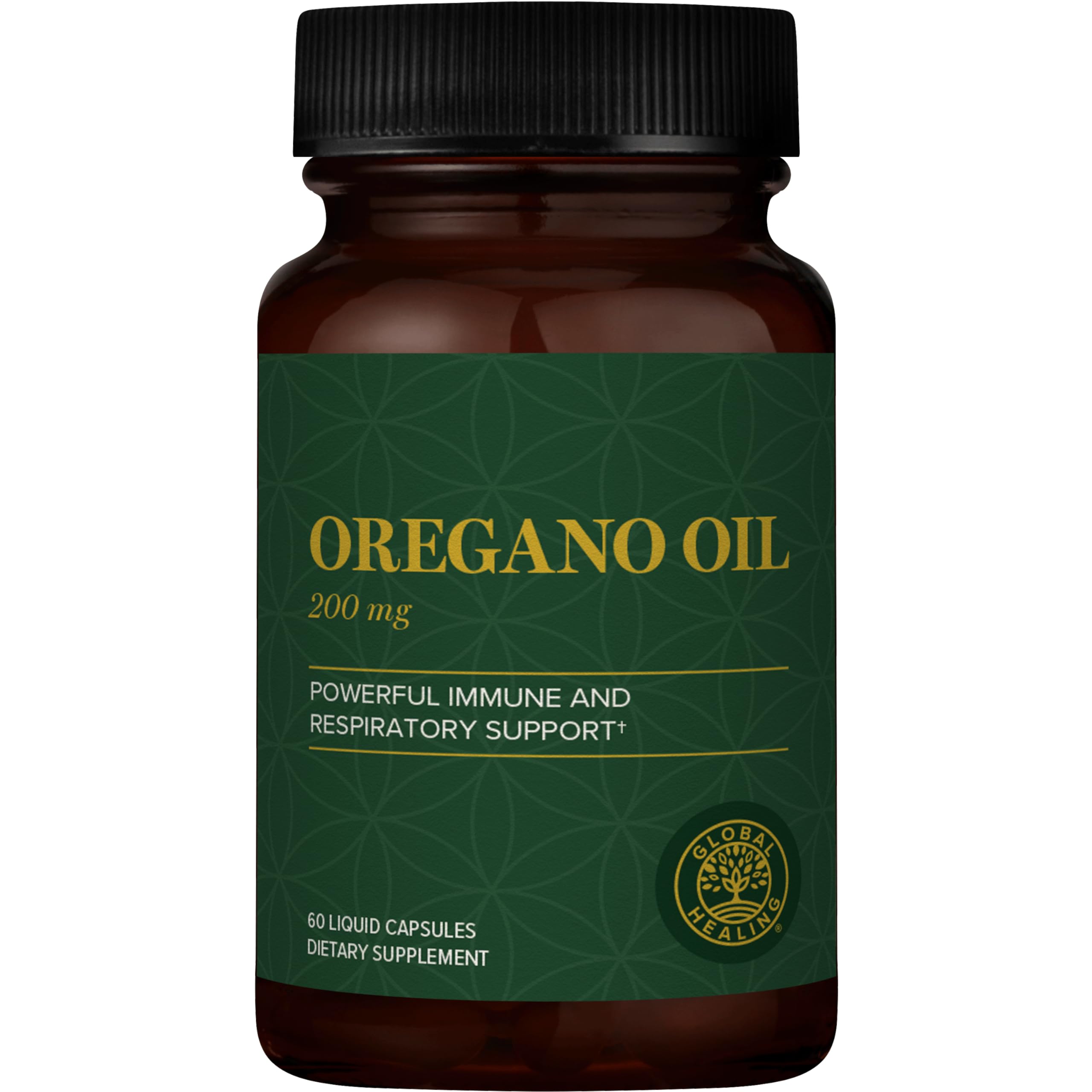 Global Healing Center oregano oil capsules bottle highlights immune support potential.
