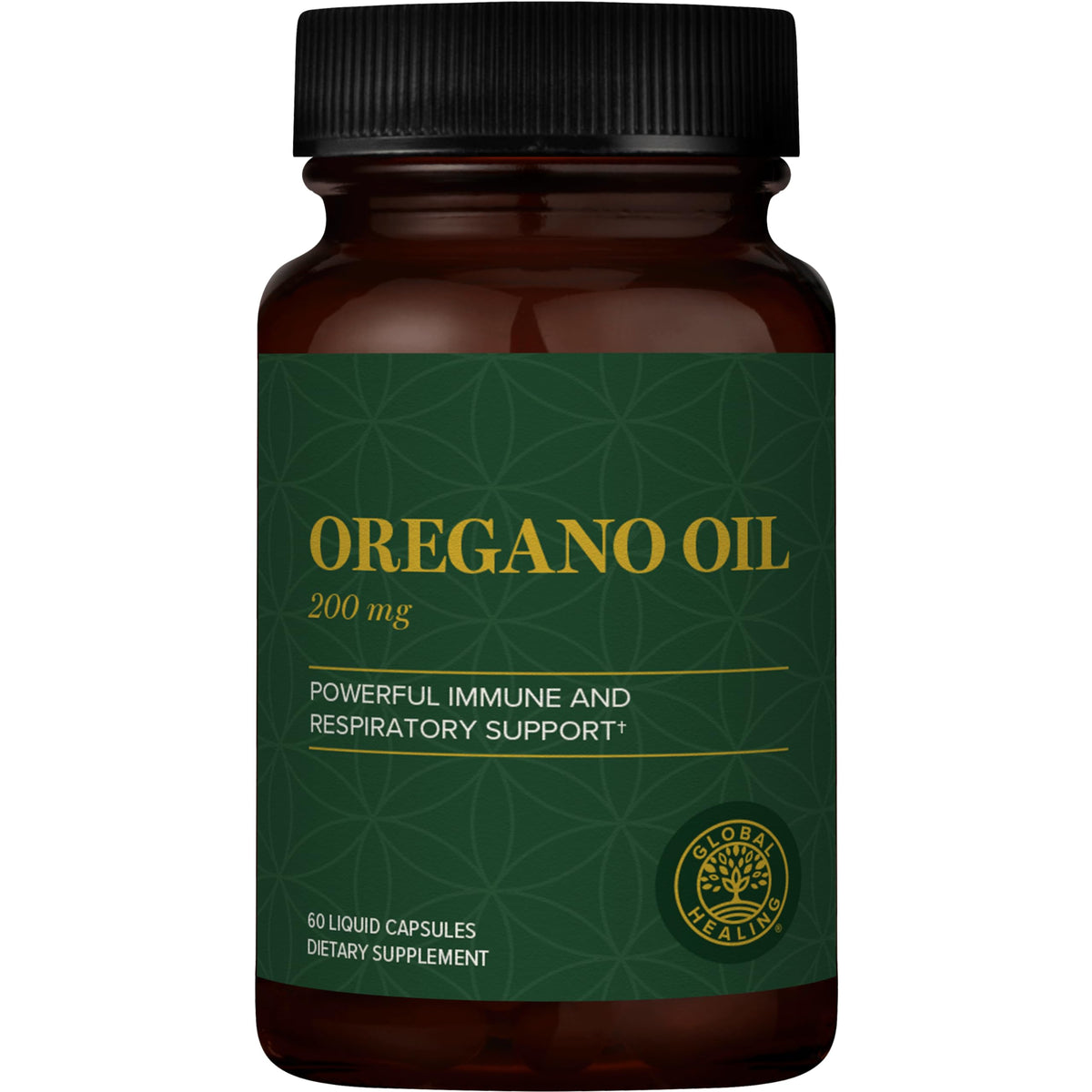 Global Healing Center oregano oil capsules bottle highlights immune support potential.