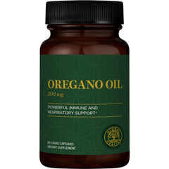 Global Healing Center oregano oil capsules bottle highlights immune support potential.