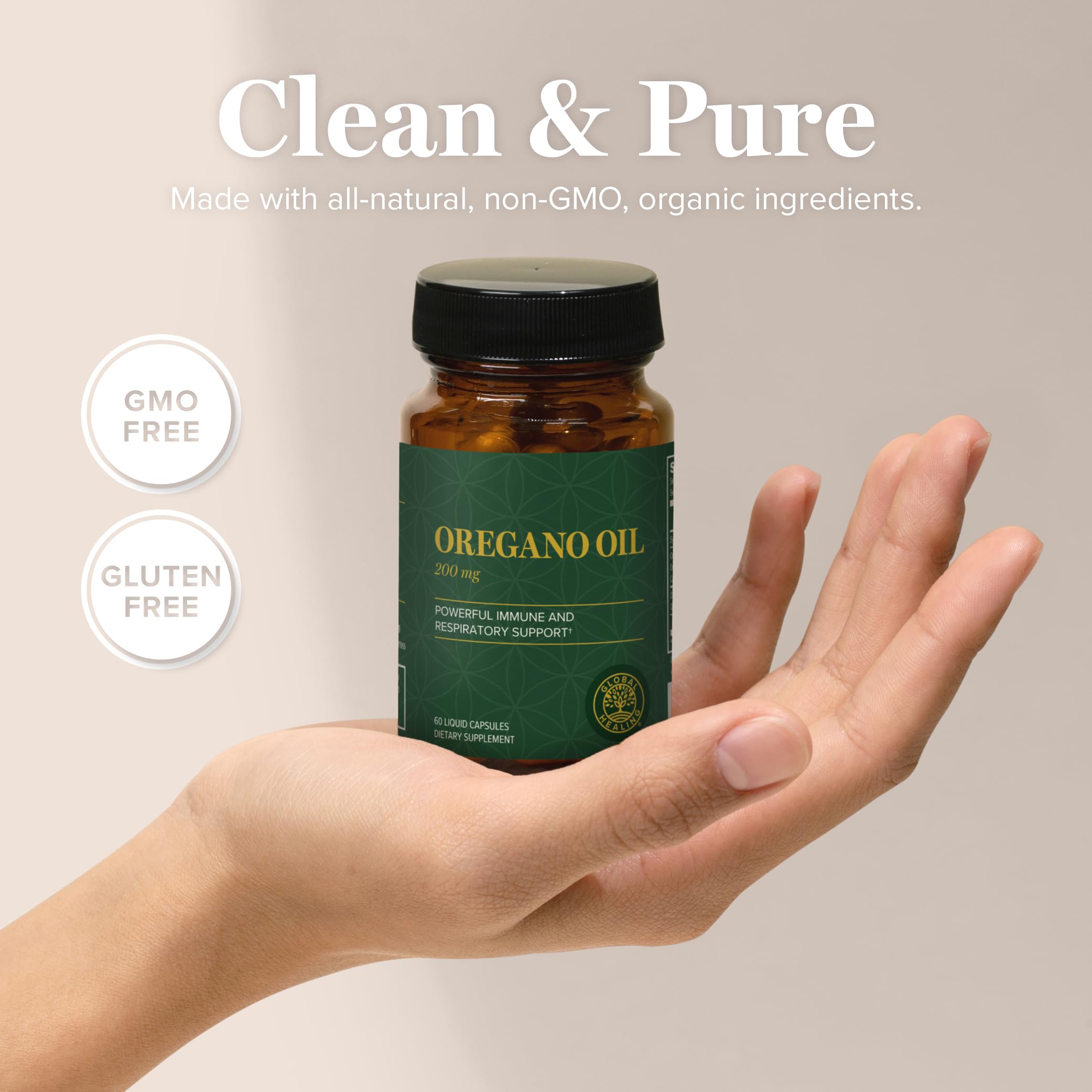 Global Healing Center oregano oil capsules inside bottle with capsules visible for digestion-friendly use.