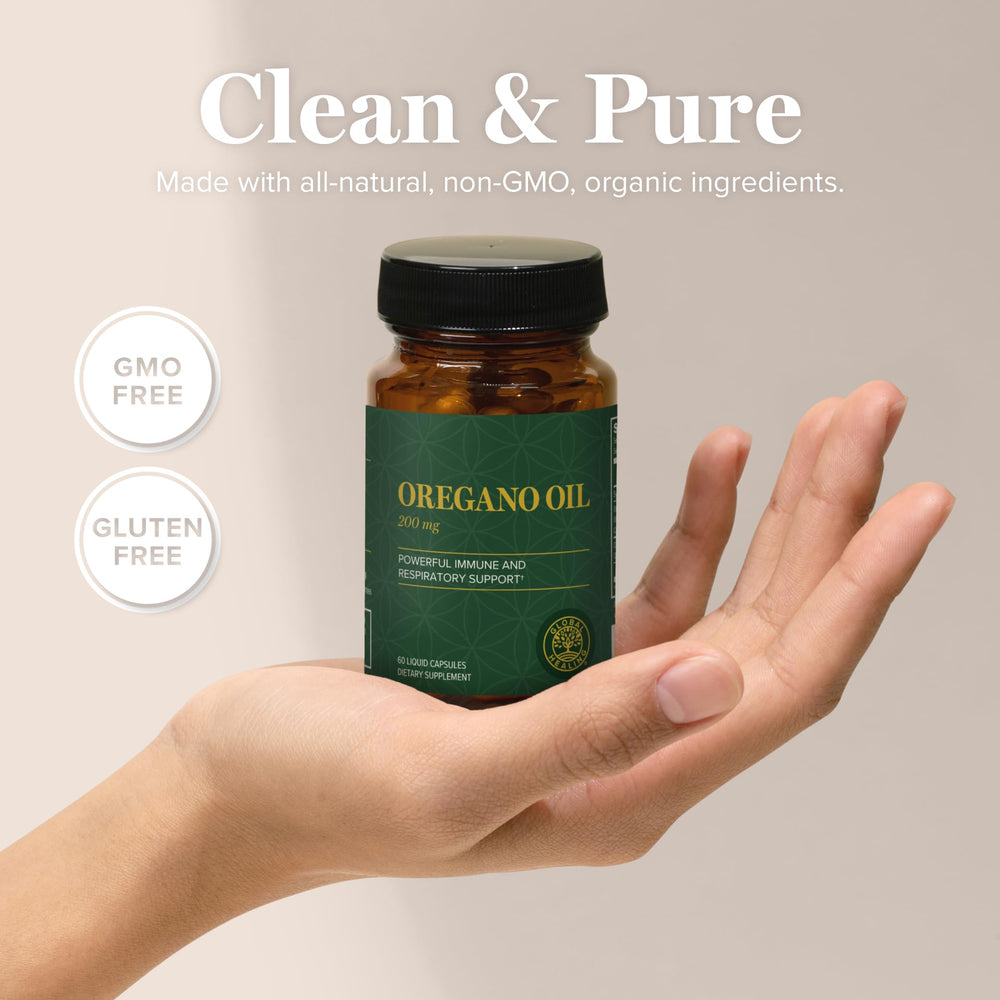 Global Healing Center oregano oil capsules inside bottle with capsules visible for digestion-friendly use.