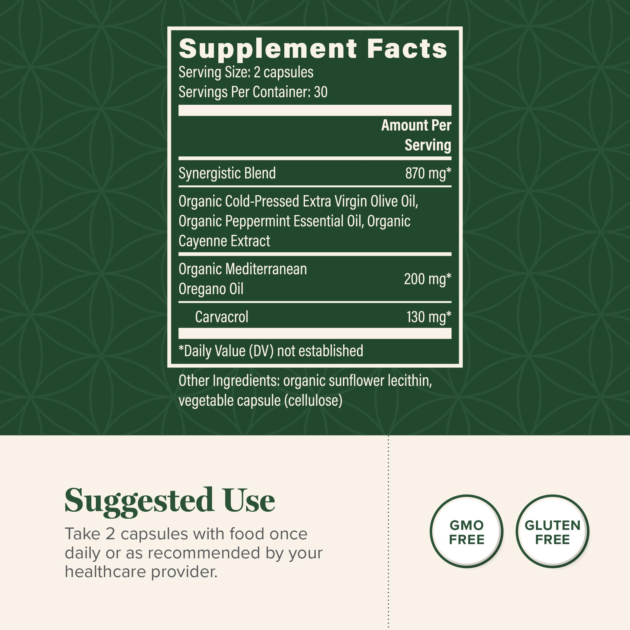 Close-up of Global Healing Center oregano oil capsules label emphasizing organic ingredients.