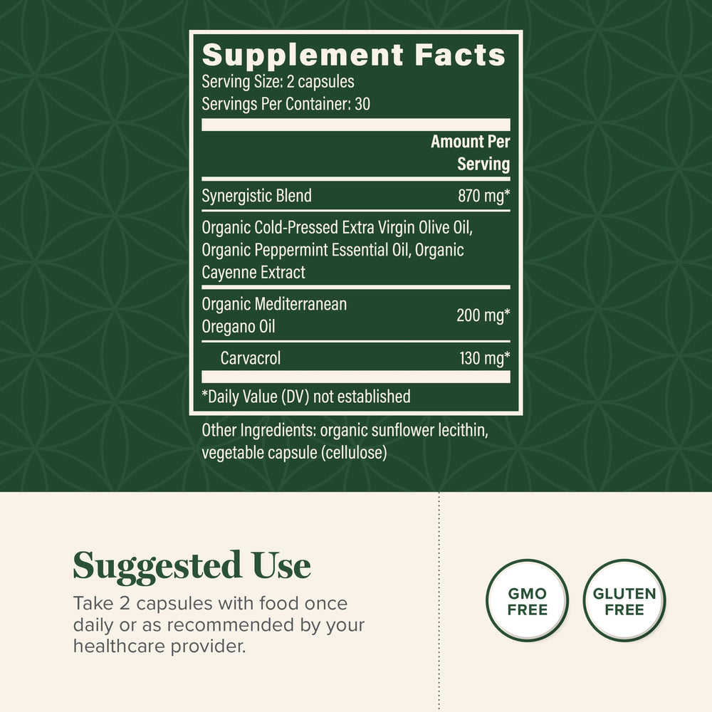 Close-up of Global Healing Center oregano oil capsules label emphasizing organic ingredients.