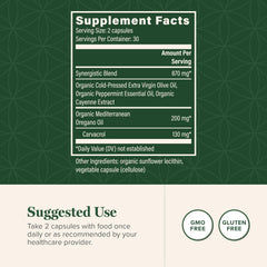 Close-up of Global Healing Center oregano oil capsules label emphasizing organic ingredients.