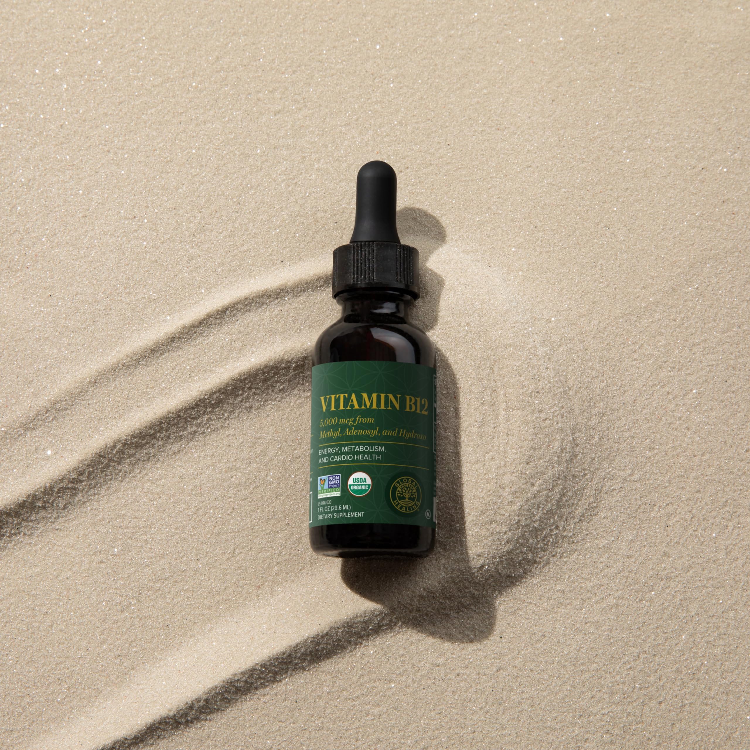 Global Healing Center organic B12 label indicates clean, allergen-free formulation.