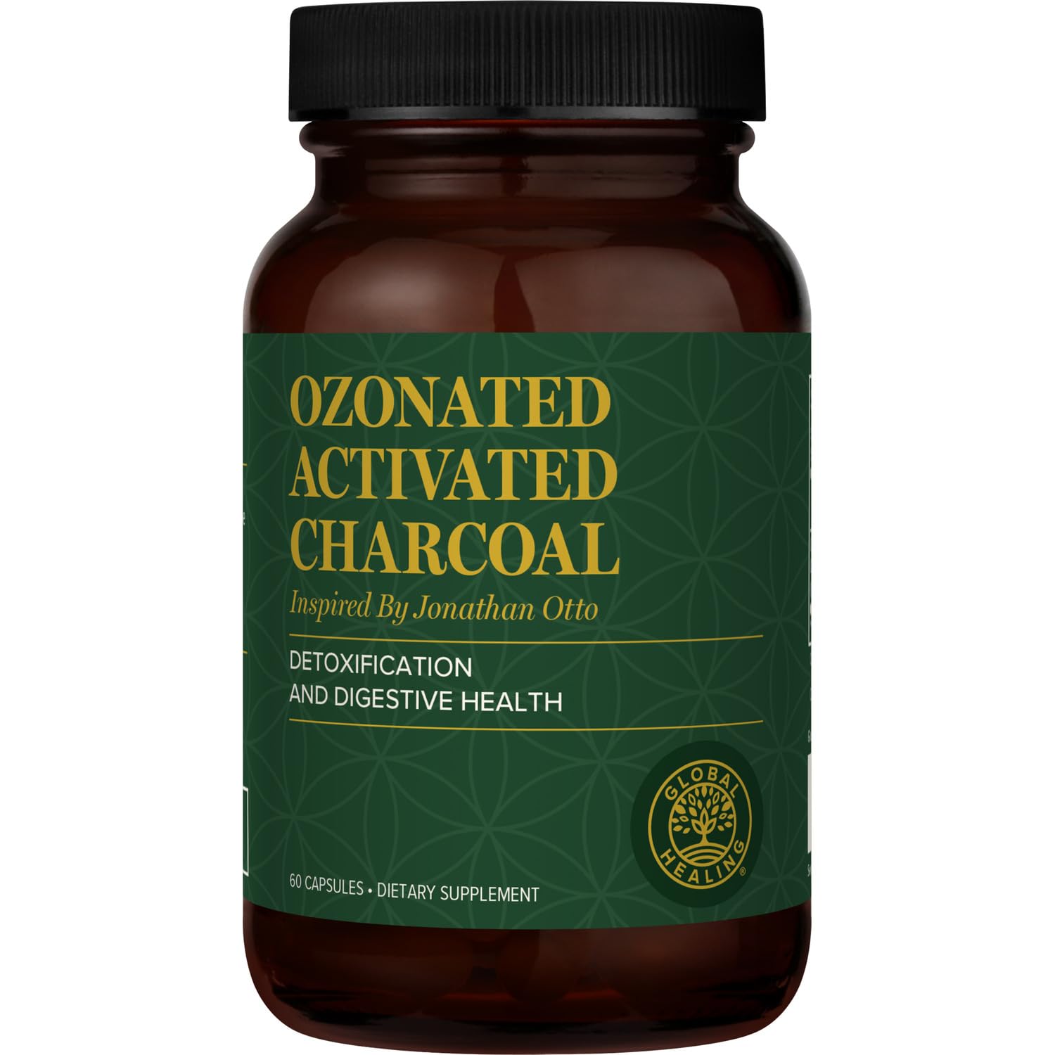 Global Healing Center ozonated activated charcoal powder bottle aids digestive detox and gas relief.