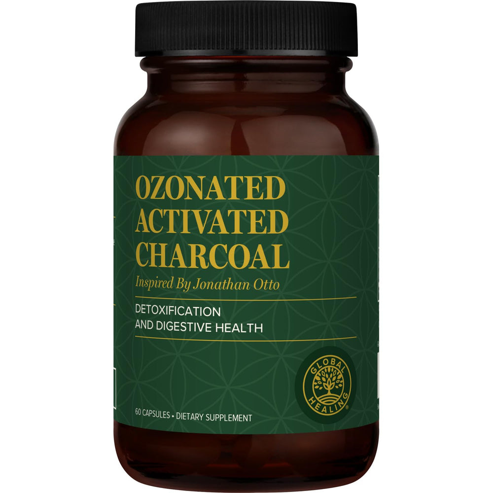 Global Healing Center ozonated activated charcoal powder bottle aids digestive detox and gas relief.