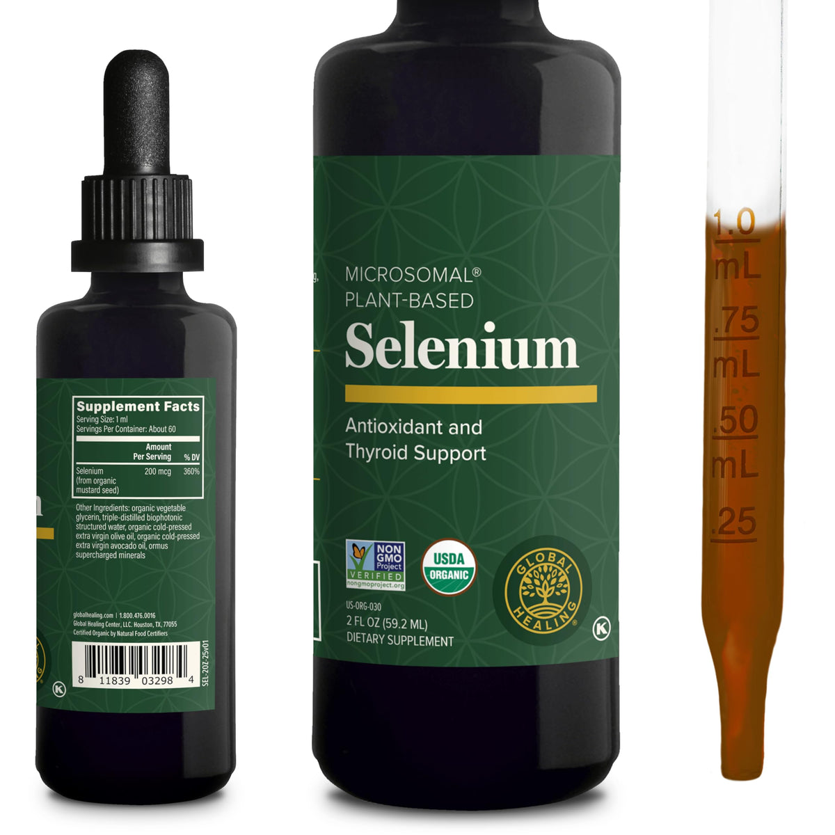Global Healing Center Selenium Drops bottle front showing organic formula for thyroid and immune support.