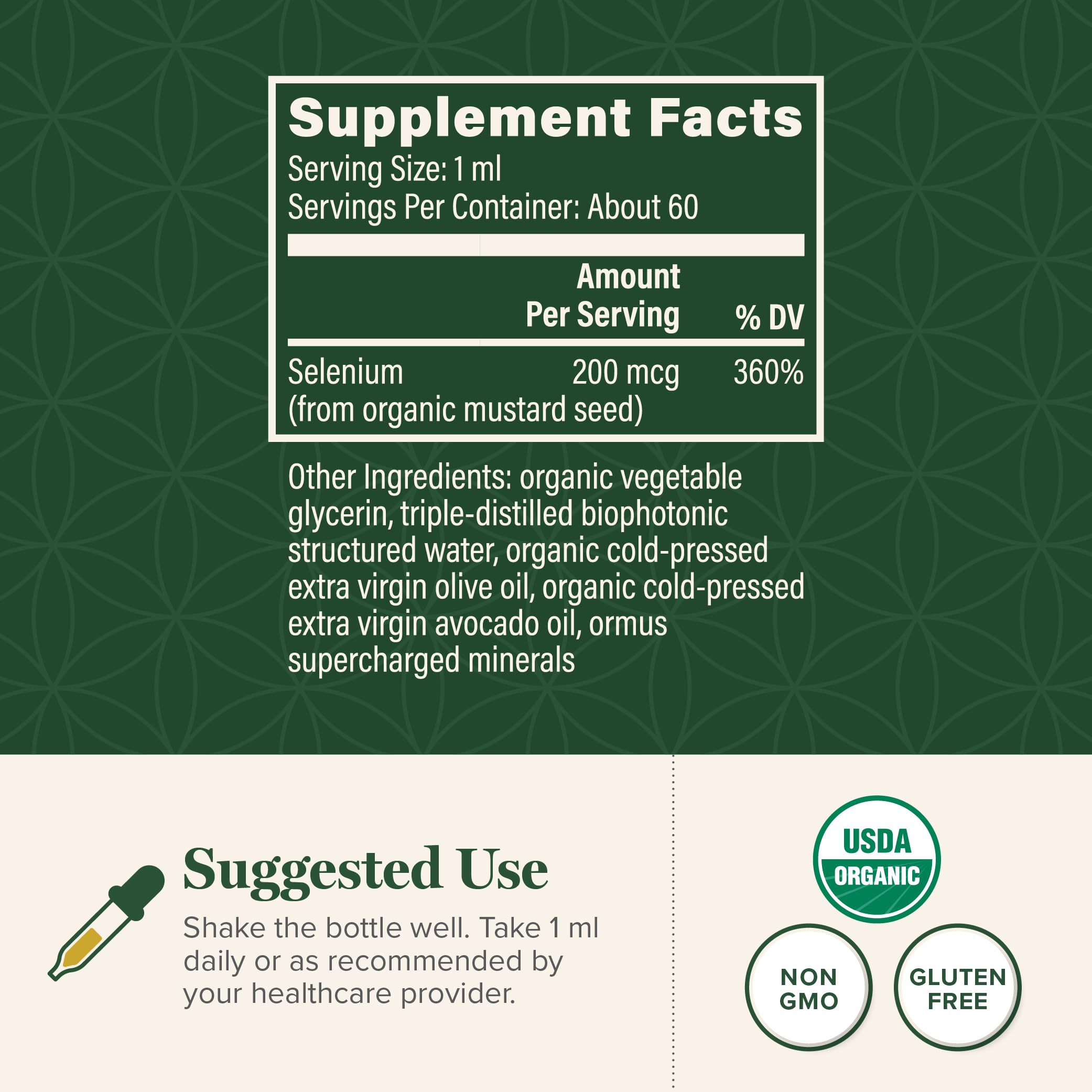 Global Healing Center Selenium Drops label close-up highlighting organic mustard seed source.