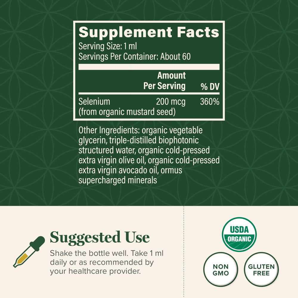 Global Healing Center Selenium Drops label close-up highlighting organic mustard seed source.